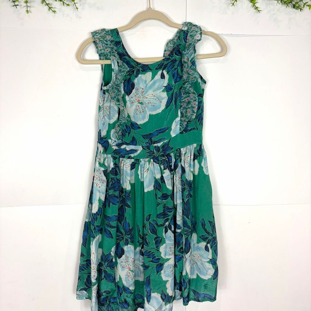 Roller Rabbit Mini Dress girls Size 12 Green Floral Sleeveless Flutter Sleeve